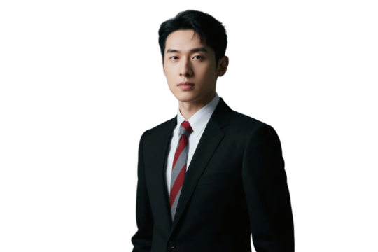 A professional man in a black suit and red striped tie stands confidently, representing a business or corporate setting.