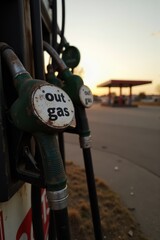 A close-up of weathered gas pump nozzles, each with a white sign reading "out of gas". In the background, an abandoned, dusty gas station sits under a fading sunset