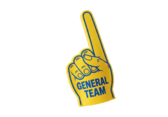Yellow foam finger with general team text for sports fan support