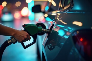 A hand inserts a gas nozzle into the fuel tank of a modern car. The station's bright lights create colorful reflections on the car's glossy surface