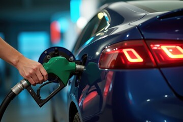 A hand inserts a gas nozzle into the fuel tank of a modern car. The station's bright lights create colorful reflections on the car's glossy surface