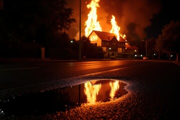 A large, shimmering puddle on a rain-slicked road reflects the towering flames of a burning building. The night is dark, with the orange glow of the fire being the only source of light
