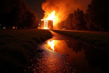 A large, shimmering puddle on a rain-slicked road reflects the towering flames of a burning building. The night is dark, with the orange glow of the fire being the only source of light