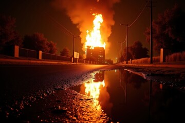 A large, shimmering puddle on a rain-slicked road reflects the towering flames of a burning building. The night is dark, with the orange glow of the fire being the only source of light