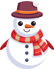 Cute cartoon snowman wearing a red hat and striped scarf isolated on transparent background isolated on white background