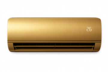 Golden air conditioner unit displaying 26 degrees, providing climate control and cooling comfort on transparent background