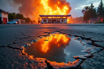 A murky puddle on cracked asphalt captures the reflection of a violent explosion. The actual gas station in the background is a blur of fire, smoke, and flying debris