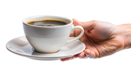 Close up of a hand holding a cup of black coffee isolated on transparent background coffee break