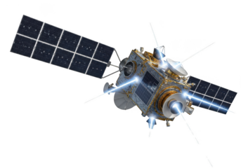 Advanced spacecraft propelled by futuristic blue energy beams in cosmic expanse