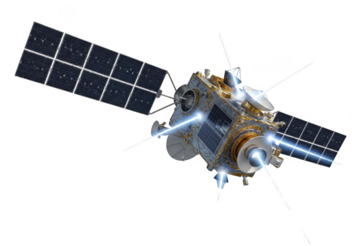 Advanced spacecraft propelled by futuristic blue energy beams in cosmic expanse