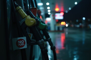 Raindrops cling to gas pump nozzles in a tight shot, with signs saying "no fuel" hanging limply. The wet asphalt of the gas station reflects blurry neon lights in the dark, rainy night