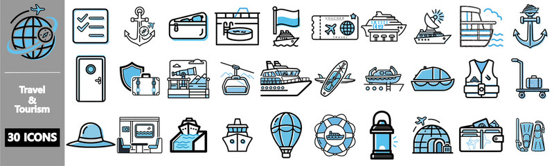 A collection of 30 travel and tourism icons, featuring various modes of transport, accommodation, and travel essentials.