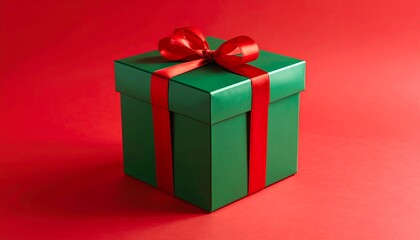 A green gift box tied with a red ribbon sits on a red background
