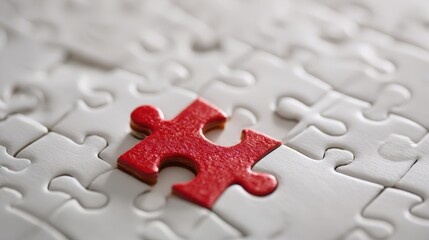 Red jigsaw puzzle piece stands out on white puzzle background, closeup