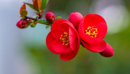 Vibrant red blossom with yellow stamens on a branch, soft green and blurred background