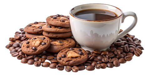 Aromatic coffee cup with chocolate chip cookies and beans isolated on transparent background