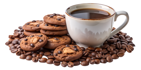 Aromatic coffee cup with chocolate chip cookies and beans isolated on transparent background