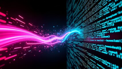 Abstract neon code flowing into digital data