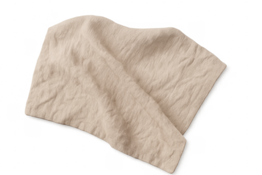 Beige crumpled linen textile napkin on transparent background