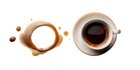 Top view of coffee cup and coffee stain isolated on transparent background, coffee concept