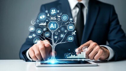 Artificial Intelligence concept with businessman analyzing AI data on tablet displaying - Powered by Adobe