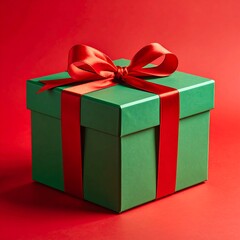 A green gift box tied with a vibrant red satin ribbon bow