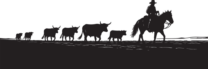 Silhouette of a cowboy herding cattle across a landscape on a white background horse calf on transparent background