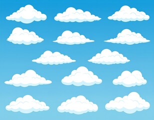Cartoon clouds, fluffy white puffs against a soft blue gradient