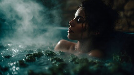 Fototapeta premium A woman with eyes closed luxuriates in a steamy herb infused hot tub embodying deep relaxation and tranquil self care