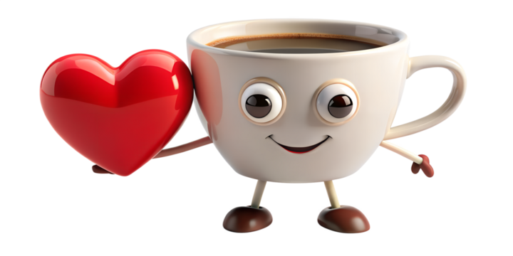 Cartoon coffee cup character holding a red heart isolated on transparent background, expressing love - Powered by Adobe