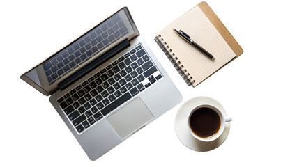 Laptop, notebook, pen and cup of coffee isolated on transparent background, top view