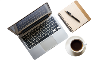 Laptop, notebook, pen and cup of coffee isolated on transparent background, top view