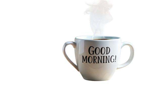A white coffee mug with the words good morning written on it isolated on transparent background
