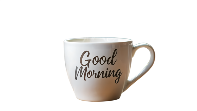 A white coffee mug with the words good morning written on it isolated on transparent background