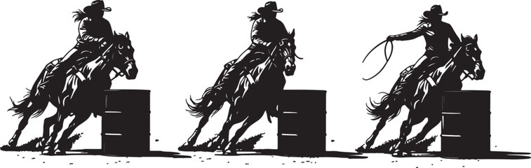 Three silhouettes of cowgirls riding horses around barrels in a rodeo on a white background barrel racing on transparent background