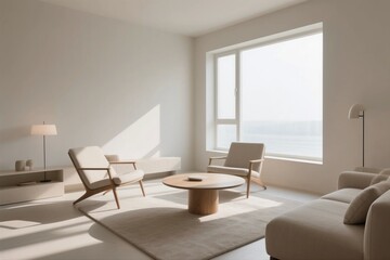 A modern minimalist living room with large window, comfortable sofa, chairs, coffee table, and soft lighting, creating a cozy and serene atmosphere.