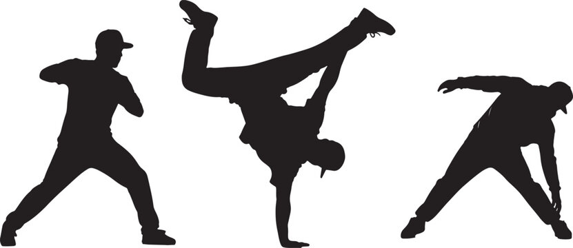 Three Silhouettes of Breakdancers in Dynamic Poses on White Background breakdancing hip hop on transparent background