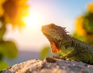 A green lizard basking in sunlight near sunflowers under a bright blue sky