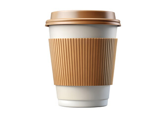Disposable coffee cup with lid and cardboard sleeve isolated on transparent background, ready to drink