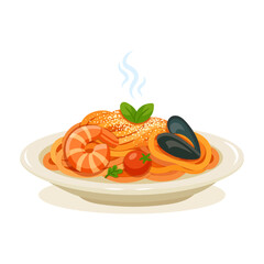 Italian seafood pasta illustration with shrimp, mussels, tomato, sauce, and herbs