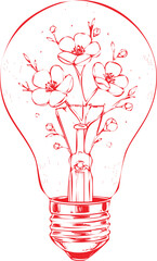 Red Light Bulb Filled with Flowers and Branches on White Background idea concept