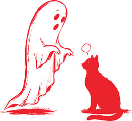 Red Silhouette of a Friendly Ghost and a Cat with a Speech Bubble on White Background halloween