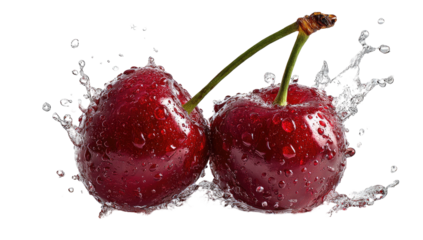 Two fresh cherries in water splash
