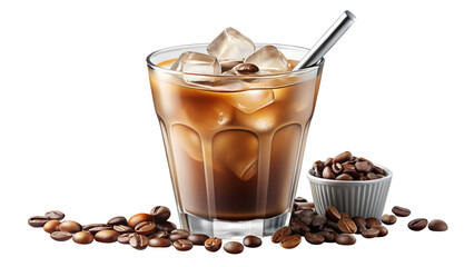 Refreshing iced coffee with coffee beans in a glass isolated on transparent background