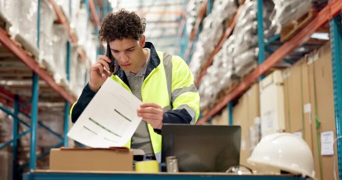 Dispatch, phone call and worker in warehouse with laptop, conversation and paperwork for logistics. Man, engineer and professional in industry with mobile, tech and discussion for management.