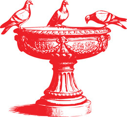 Three Pigeons Perched on an Ornate Red Bird Bath with Classical Reliefs dove animal