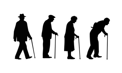 Old man walking with stick silhouette – senior person vector on transparent background
