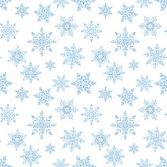 Watercolor painted snowflakes. Texture, frost. Set of watercolor snowflakes. Patterns. Print for fabric. Set of frames, border. Blue snow compositions. Winter, holidays. Christmas.