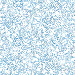 Watercolor painted snowflakes. Texture, frost. Set of watercolor snowflakes. Patterns. Print for fabric. Set of frames, border. Blue snow compositions. Winter, holidays. Christmas.