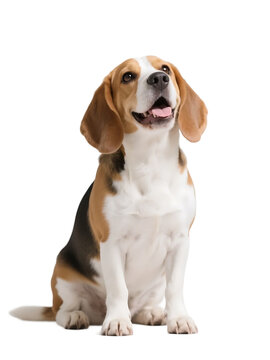 A beagle dog is sitting and looking up, showcasing its cute and friendly appearance.